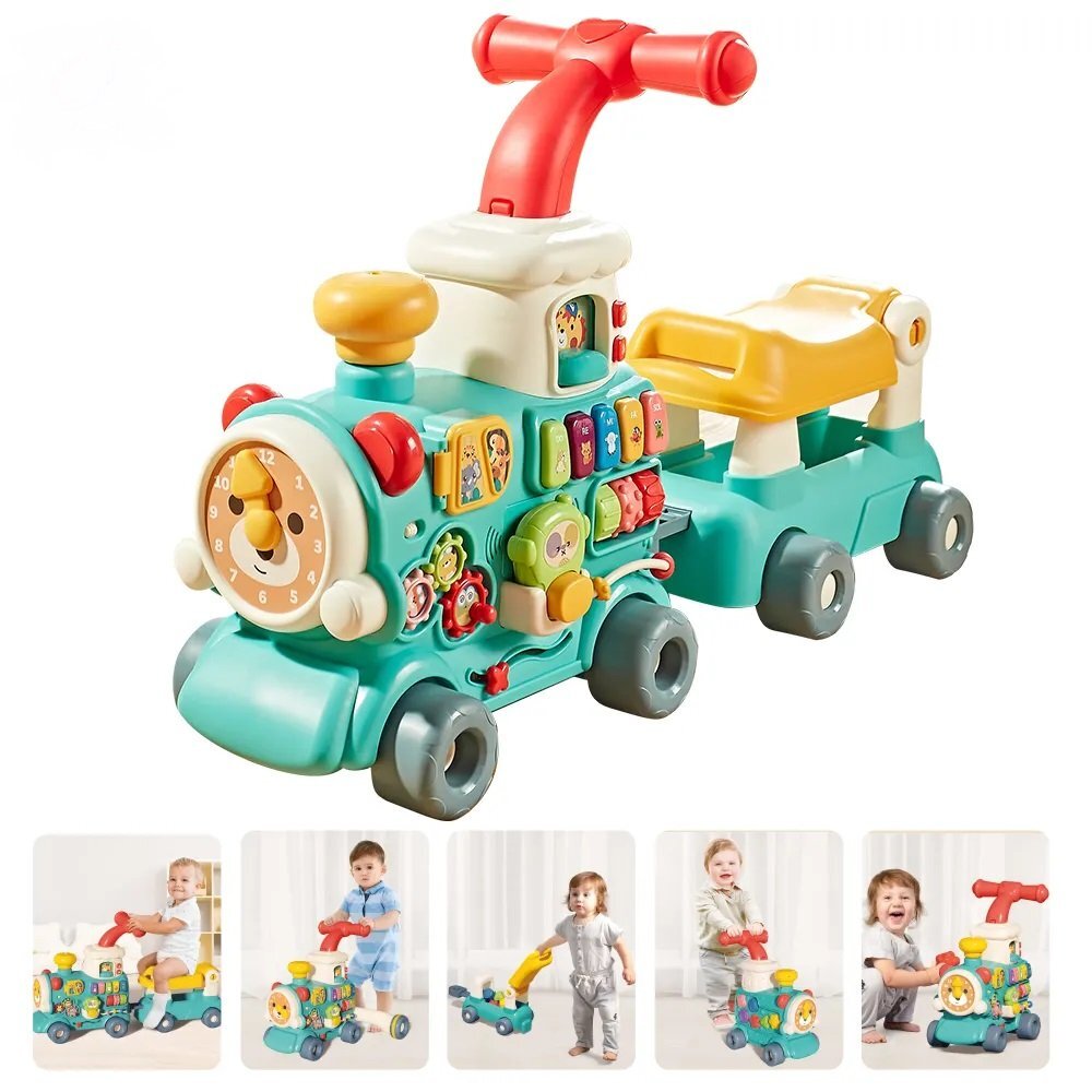 MalPlay Antepremergator multifunctional 5 in 1 pentru copii Choo-Choo Blue cu vagon-scaunel sortator de forme pian muzical iluminal cu 5 clape colorate dimensiune 69 x 34 x 30 cm