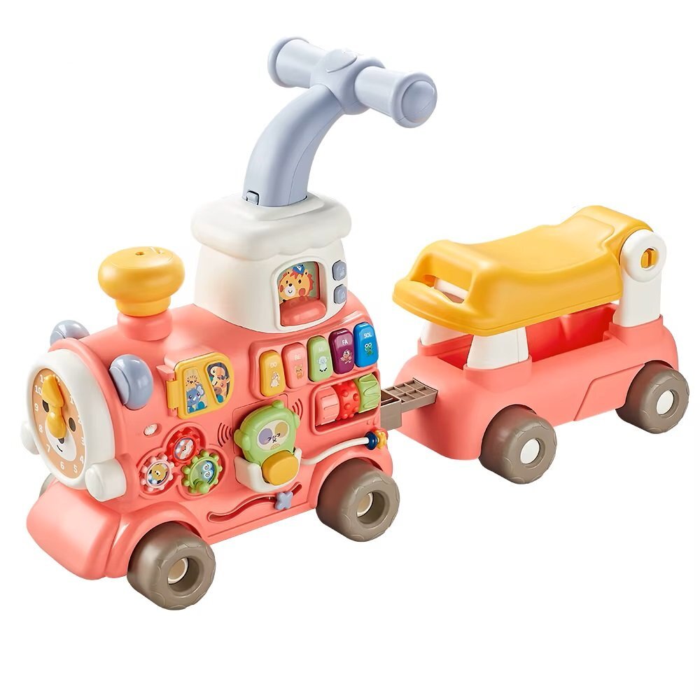 MalPlay Antepremergator multifunctional 5 in 1 pentru copii Choo-Choo Pink cu vagon-scaunel sortator de forme pian muzical iluminal cu 5 clape colorate dimensiune 69 x 34 x 30 cm