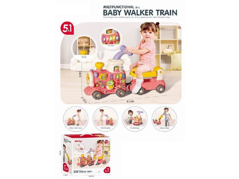 MalPlay Antepremergator multifunctional 5 in 1 pentru copii Choo-Choo Pink cu vagon-scaunel sortator de forme pian muzical iluminal cu 5 clape colorate dimensiune 69 x 34 x 30 cm
