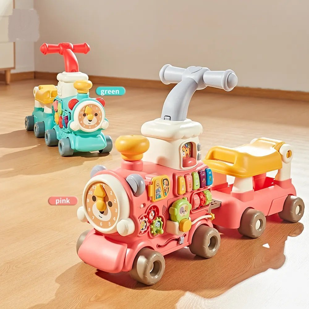 MalPlay Antepremergator multifunctional 5 in 1 pentru copii Choo-Choo Pink cu vagon-scaunel sortator de forme pian muzical iluminal cu 5 clape colorate dimensiune 69 x 34 x 30 cm