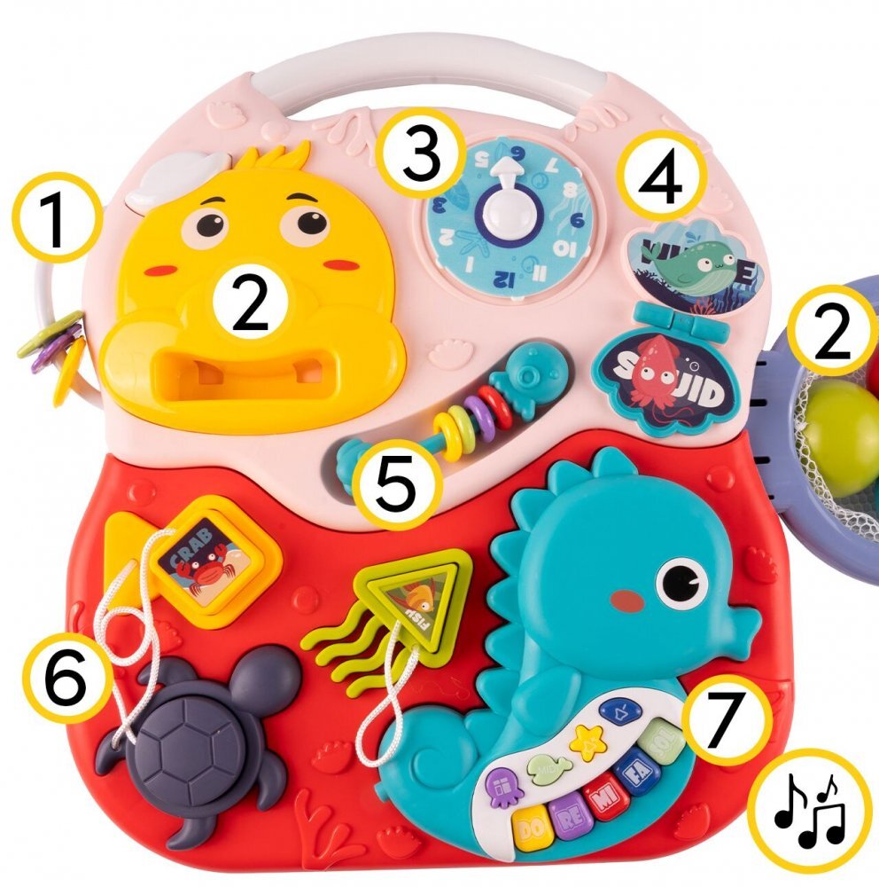 MalPlay Antepremergator multifunctional cu cos de baschet panou interactiv forme geometrice ceas Pian cu maner reglabil 41.5 x 41 x 42.5 cm Seahorse