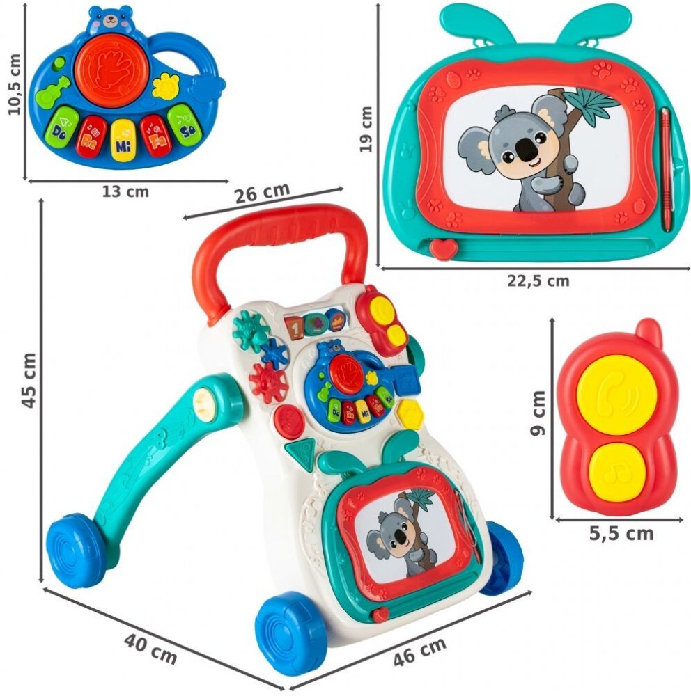 MalPlay Antepremergator multifunctional cu Pian detasabil Tabla pentru desen angrenaje rotative roti anti-alunecare Maner de sustinere greutate 1.6kg Walking Car Multicolor