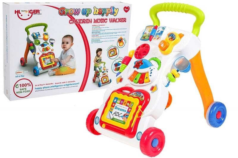 MalPlay Antepremergator pentru copii cu Pian Telefon Tabla magnetica de scris cu stilou angrenaje rotative 43 x 34 x 45 cm Walker Pusher Multicolor
