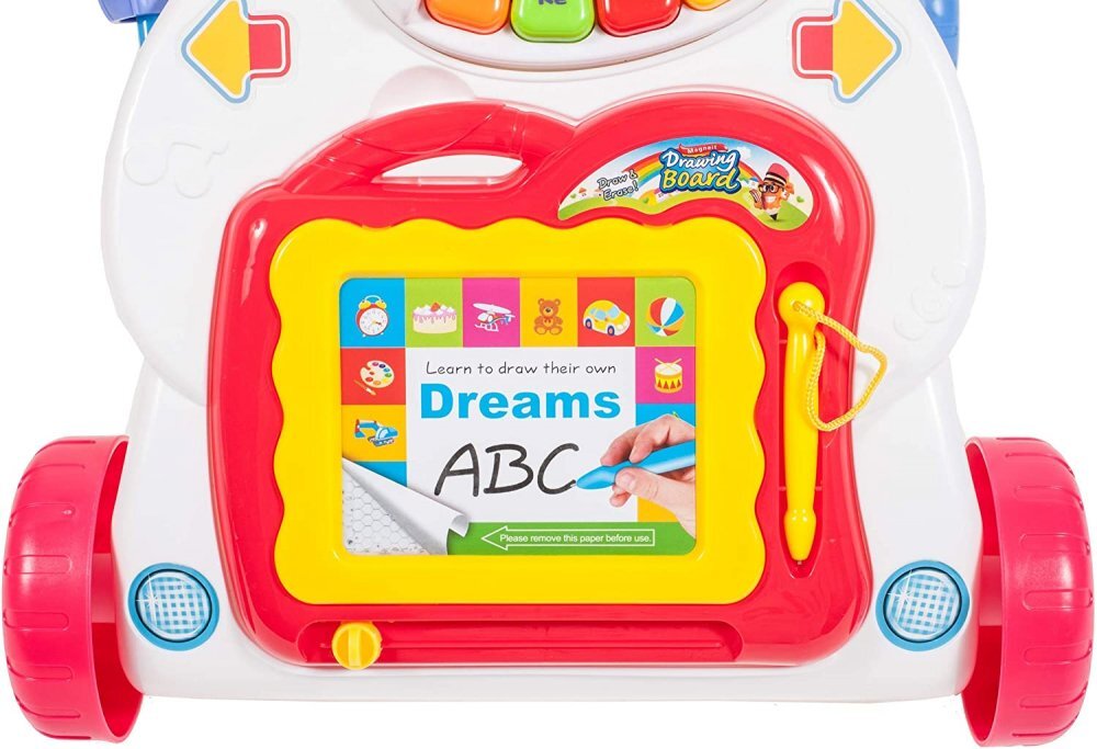 MalPlay Antepremergator pentru copii cu Pian Telefon Tabla magnetica de scris cu stilou angrenaje rotative 43 x 34 x 45 cm Walker Pusher Multicolor