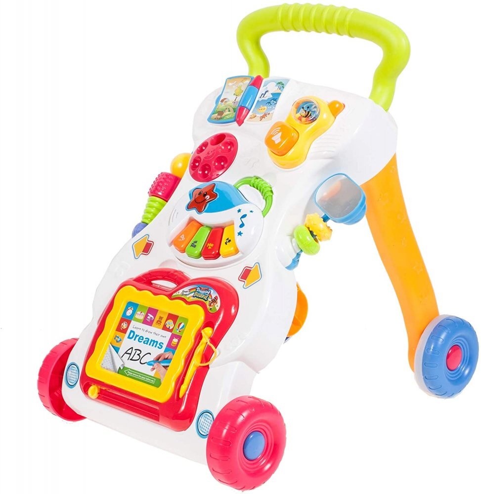 MalPlay Antepremergator pentru copii cu Pian Telefon Tabla magnetica de scris cu stilou angrenaje rotative 43 x 34 x 45 cm Walker Pusher Multicolor