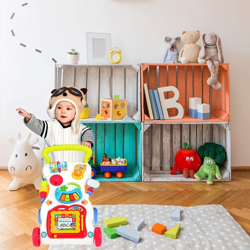 MalPlay Antepremergator pentru copii cu Pian Telefon Tabla magnetica de scris cu stilou angrenaje rotative 43 x 34 x 45 cm Walker Pusher Multicolor