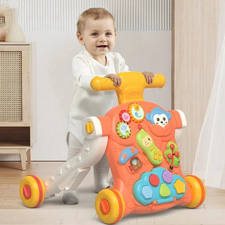 MalPlay Antepremergator pentru copii Pink multifunctional 3in1 cu panou educativ-interactiv detasabil telefon angrenaje rotative roti antiderapante ghidon inaltime ajustabila dimensiune 44 x 48 x 48 cm