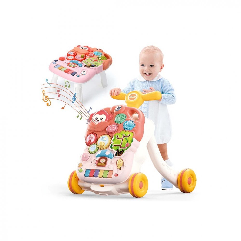 MalPlay Antepremergator si masuta de activitati 2 in 1 pentru copii cu panou interactiv detasabil telefon activitati educative sunete lumini roti antiderapante pink