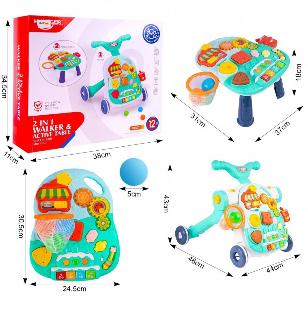 MalPlay Antepremergator transformabil in masuta de activitati 2 in 1 cu Pian angrenaje rotative cos de baschet si 3 bilute incluse 46 x 44 x 47 cm