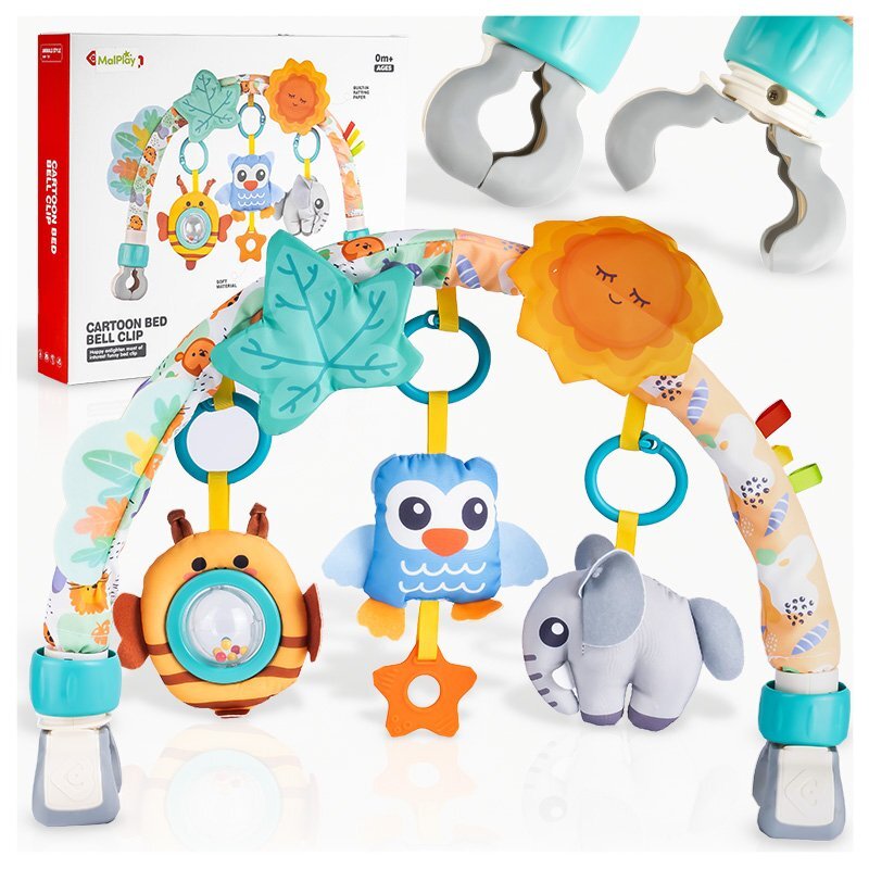 MalPlay Arcada cu jucarii suspendate pentru carucior copii Blue Owl culori intense sunete si texturi variate dimensiune 53 x 33 x 5 cm