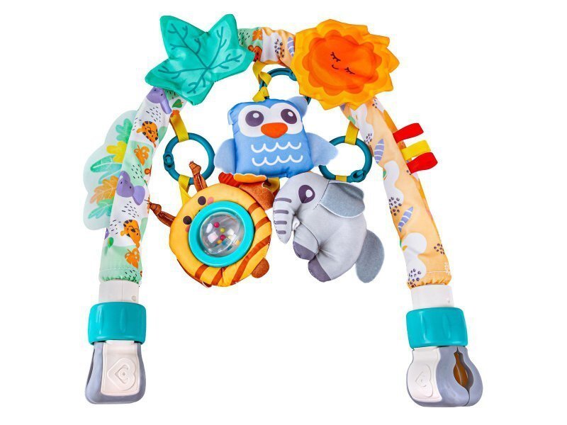 MalPlay Arcada cu jucarii suspendate pentru carucior copii Blue Owl culori intense sunete si texturi variate dimensiune 53 x 33 x 5 cm