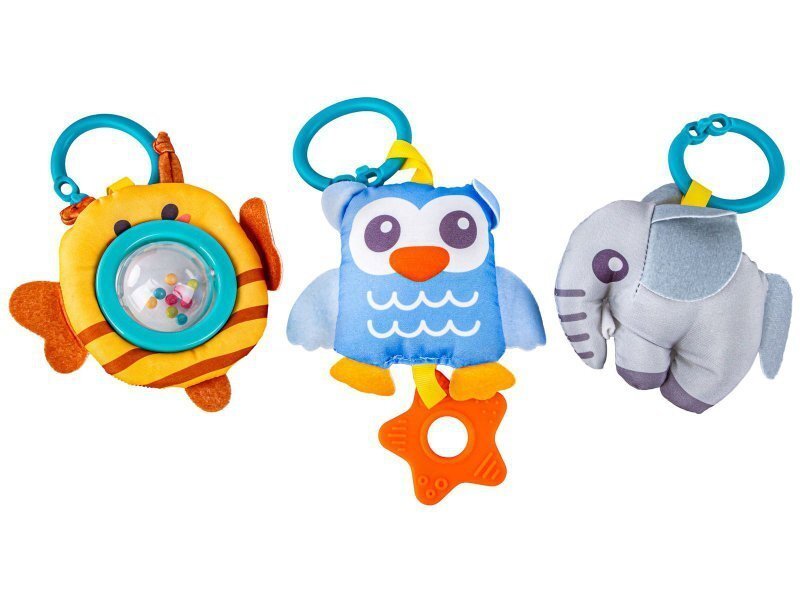 MalPlay Arcada cu jucarii suspendate pentru carucior copii Blue Owl culori intense sunete si texturi variate dimensiune 53 x 33 x 5 cm