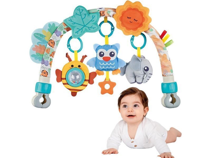 MalPlay Arcada cu jucarii suspendate pentru carucior copii Blue Owl culori intense sunete si texturi variate dimensiune 53 x 33 x 5 cm