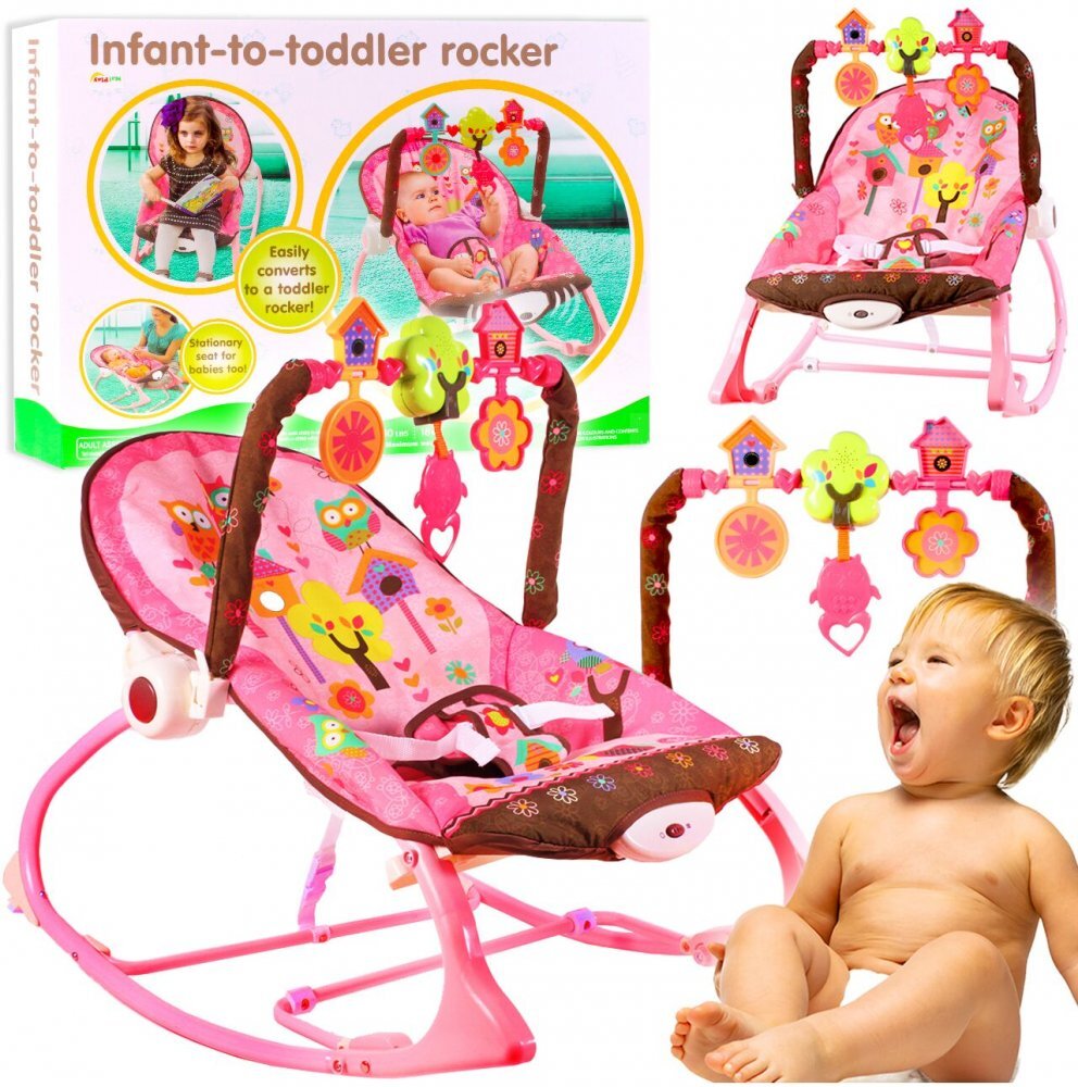 MalPlay Balansoar multifunctional cu Muzica Vibratii bara detasabila cu 3 jucarii suspendate Scaunel rabatabil in 2 pozitii Husa detasabila Pink