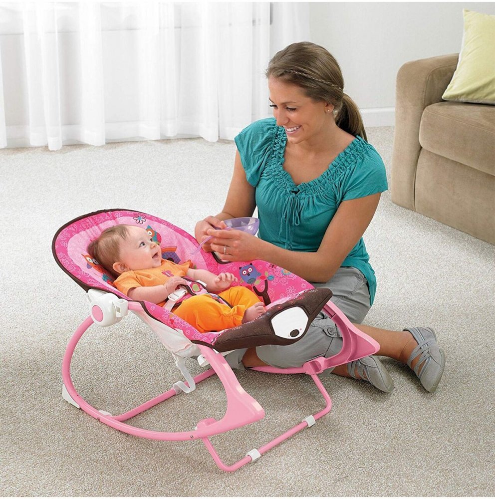 MalPlay Balansoar multifunctional cu Muzica Vibratii bara detasabila cu 3 jucarii suspendate Scaunel rabatabil in 2 pozitii Husa detasabila Pink