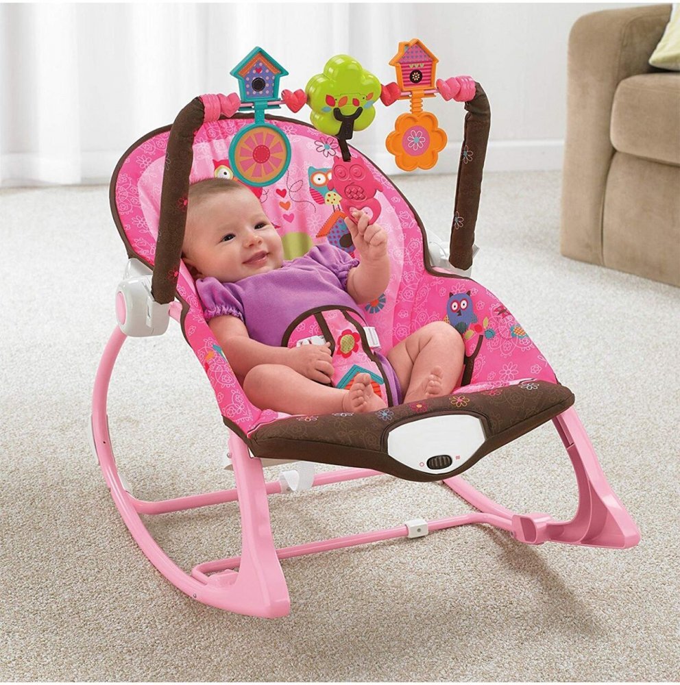 MalPlay Balansoar multifunctional cu Muzica Vibratii bara detasabila cu 3 jucarii suspendate Scaunel rabatabil in 2 pozitii Husa detasabila Pink