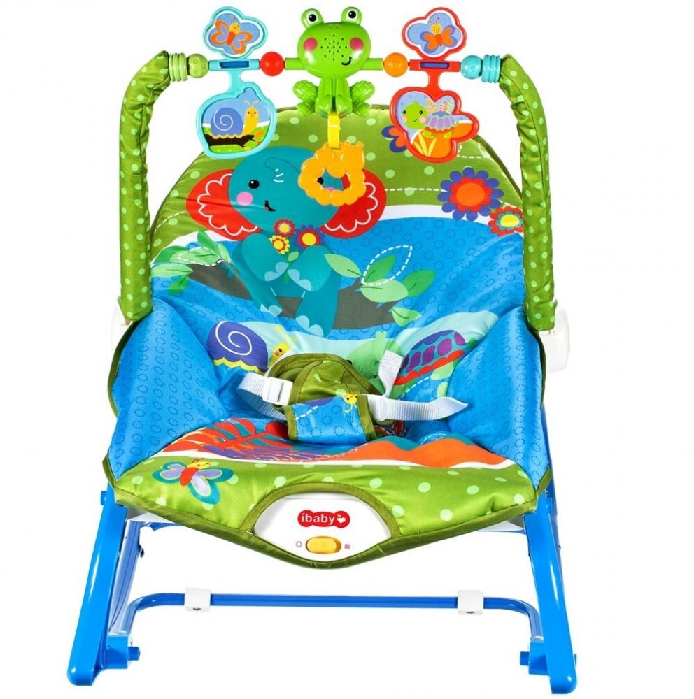 MalPlay Balansoar multifunctional pentru copii Blue Elephant pliabil cu vibratii spatar reglabil in 2 trepte si bara de jucarii detasabila