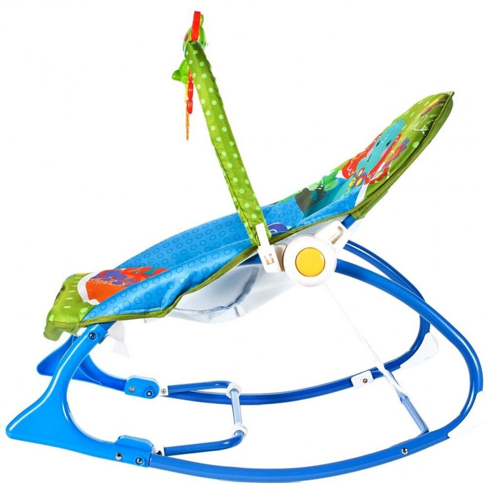 MalPlay Balansoar multifunctional pentru copii Blue Elephant pliabil cu vibratii spatar reglabil in 2 trepte si bara de jucarii detasabila