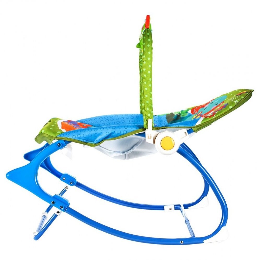 MalPlay Balansoar multifunctional pentru copii Blue Elephant pliabil cu vibratii spatar reglabil in 2 trepte si bara de jucarii detasabila