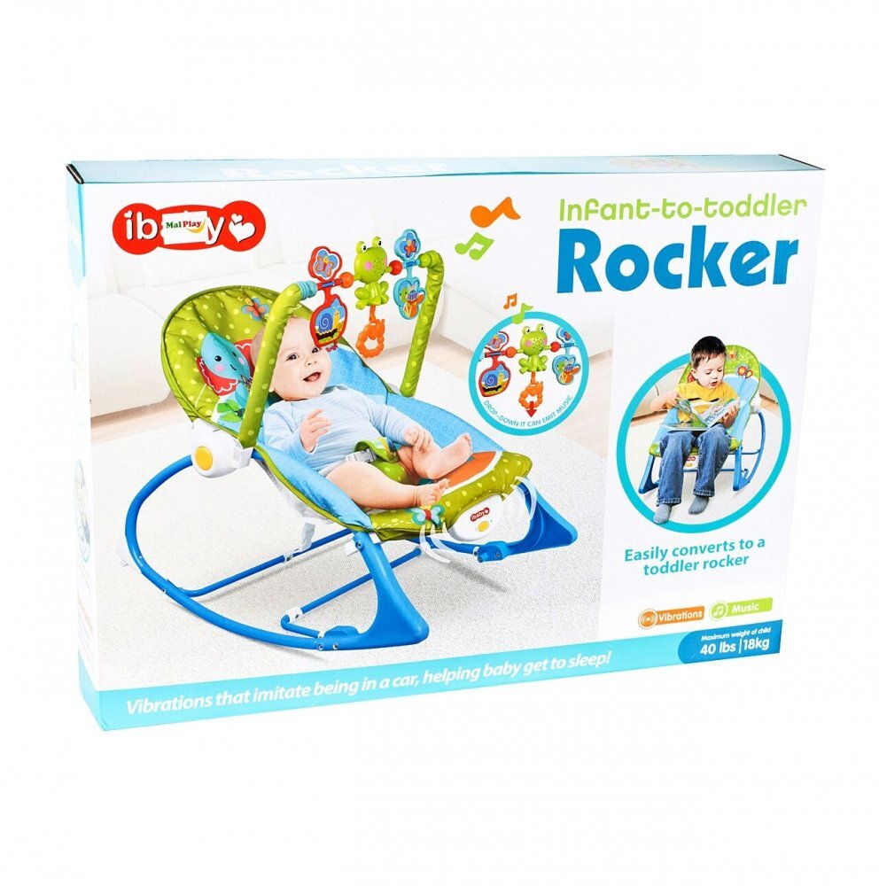 MalPlay Balansoar multifunctional pentru copii Blue Elephant pliabil cu vibratii spatar reglabil in 2 trepte si bara de jucarii detasabila