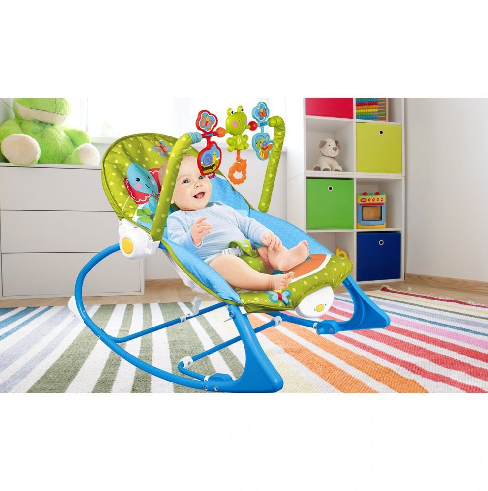 MalPlay Balansoar multifunctional pentru copii Blue Elephant pliabil cu vibratii spatar reglabil in 2 trepte si bara de jucarii detasabila