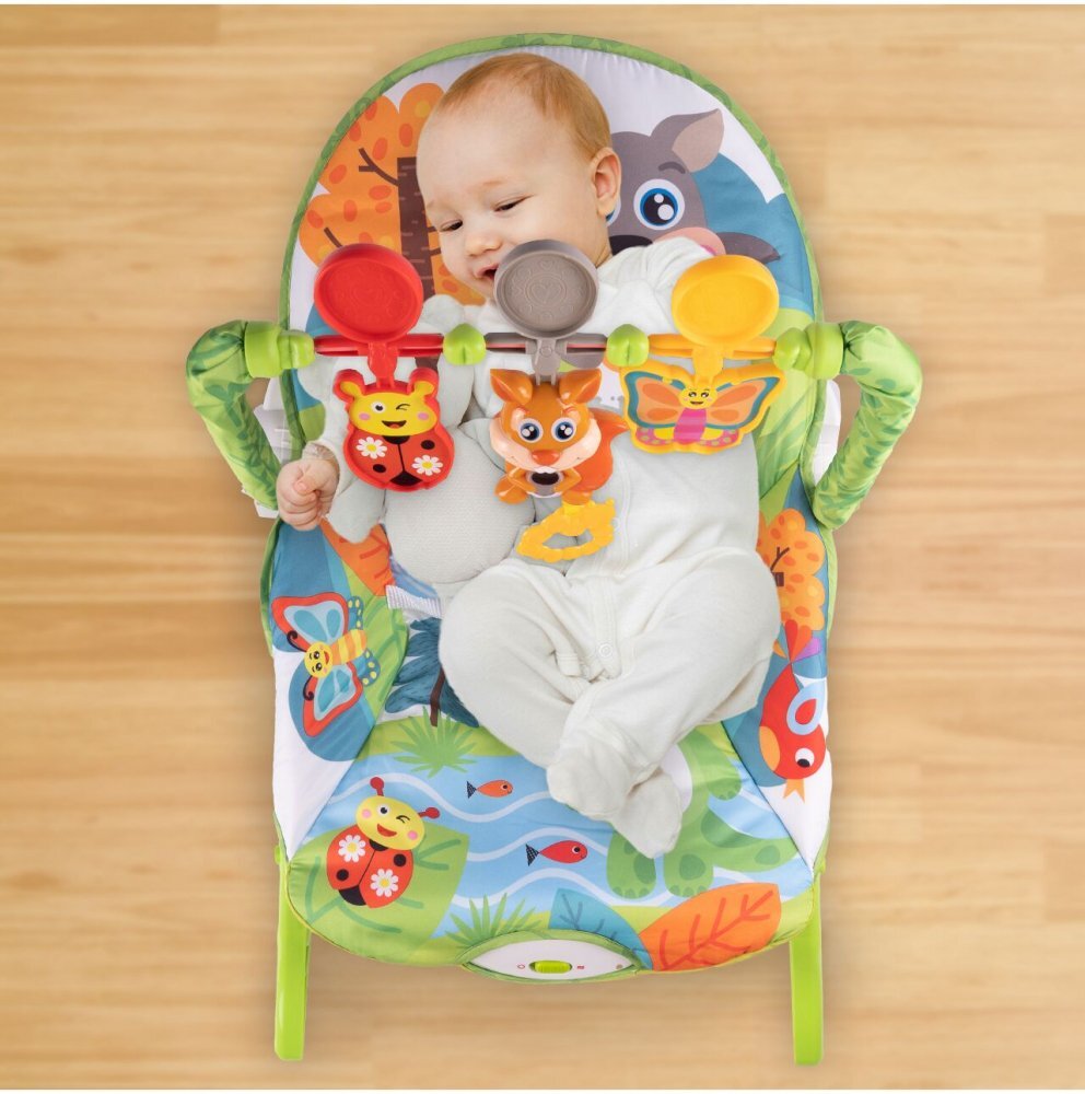 MalPlay Balansoar multifunctional pentru copii cu Muzica Vibratii bara detasabila cu 3 jucarii suspendate Scaunel rabatabil in 2 pozitii Husa detasabila Green