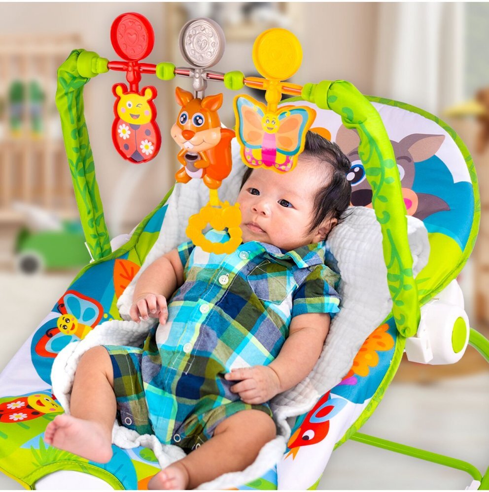 MalPlay Balansoar multifunctional pentru copii cu Muzica Vibratii bara detasabila cu 3 jucarii suspendate Scaunel rabatabil in 2 pozitii Husa detasabila Green