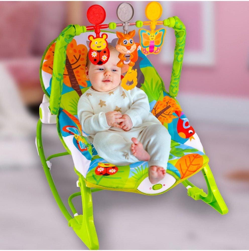 MalPlay Balansoar multifunctional pentru copii cu Muzica Vibratii bara detasabila cu 3 jucarii suspendate Scaunel rabatabil in 2 pozitii Husa detasabila Green