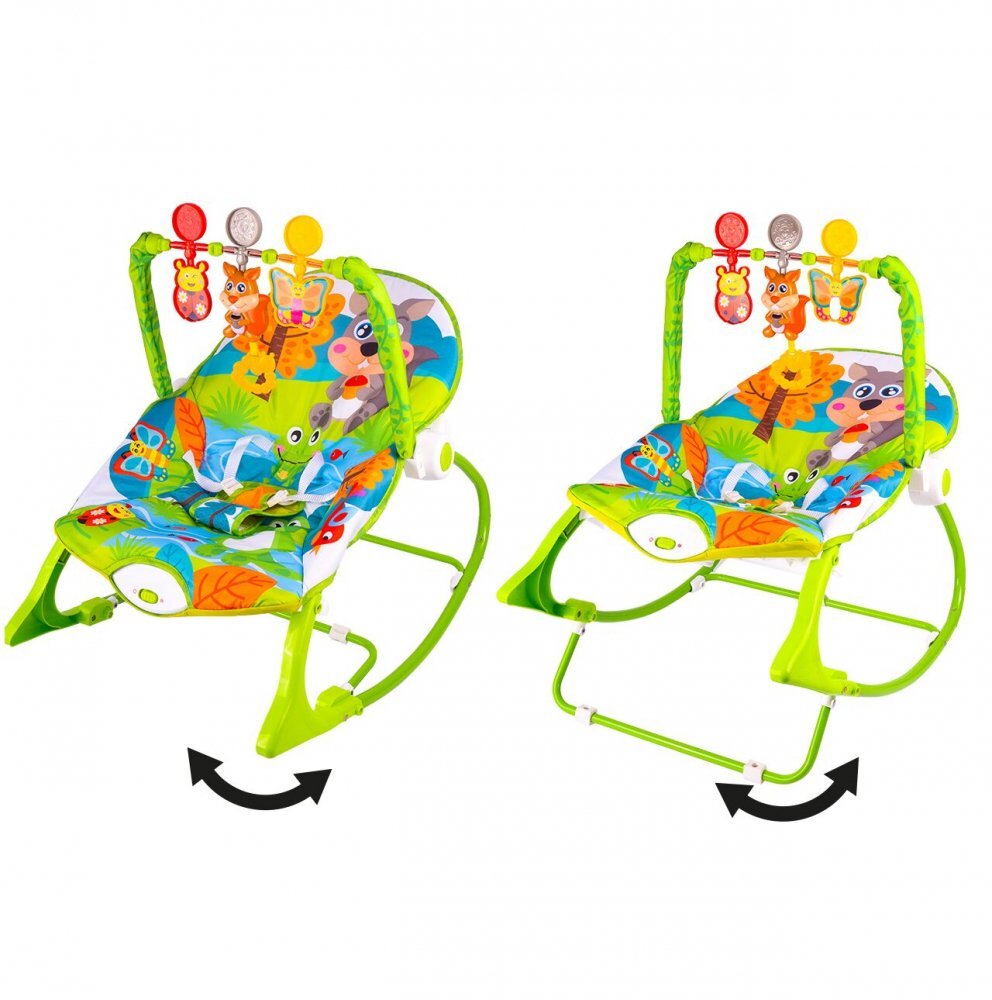MalPlay Balansoar multifunctional pentru copii cu Muzica Vibratii bara detasabila cu 3 jucarii suspendate Scaunel rabatabil in 2 pozitii Husa detasabila Green
