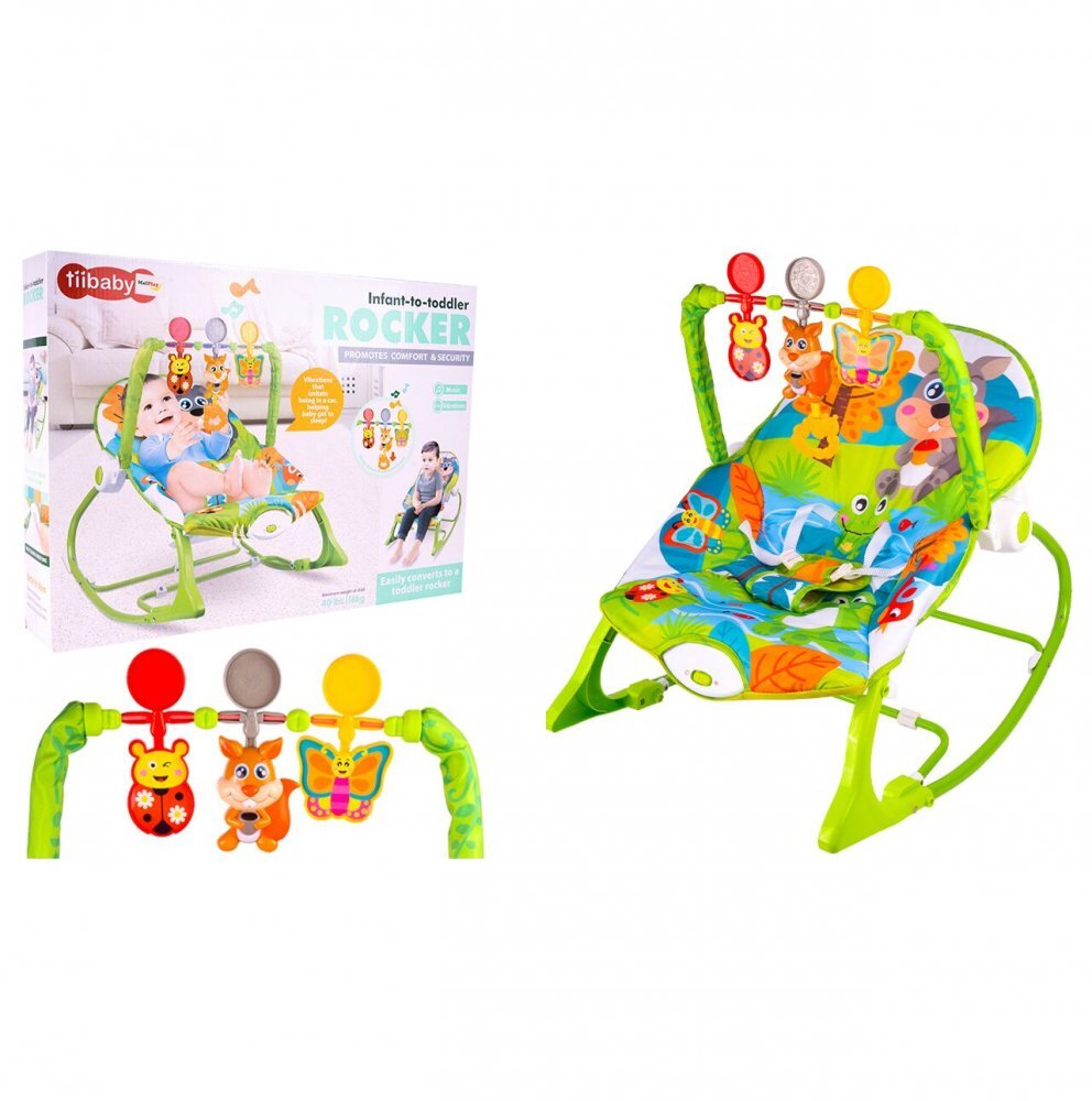 MalPlay Balansoar multifunctional pentru copii cu Muzica Vibratii bara detasabila cu 3 jucarii suspendate Scaunel rabatabil in 2 pozitii Husa detasabila Green