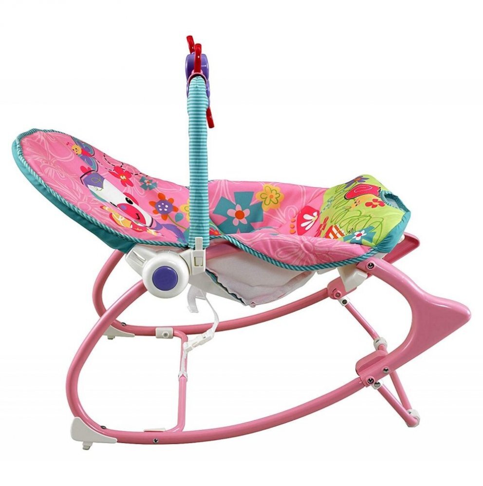 MalPlay Balansoar multifunctional pliabil cu vibratii spatar reglabil in 2 trepte si bara de jucarii detasabila Pink Monkey