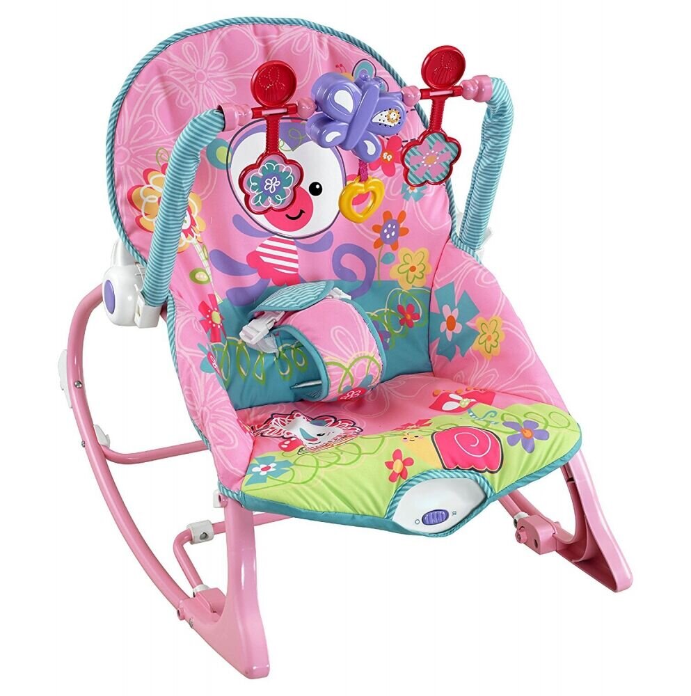 MalPlay Balansoar multifunctional pliabil cu vibratii spatar reglabil in 2 trepte si bara de jucarii detasabila Pink Monkey