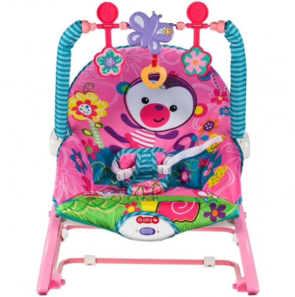 MalPlay Balansoar multifunctional pliabil cu vibratii spatar reglabil in 2 trepte si bara de jucarii detasabila Pink Monkey
