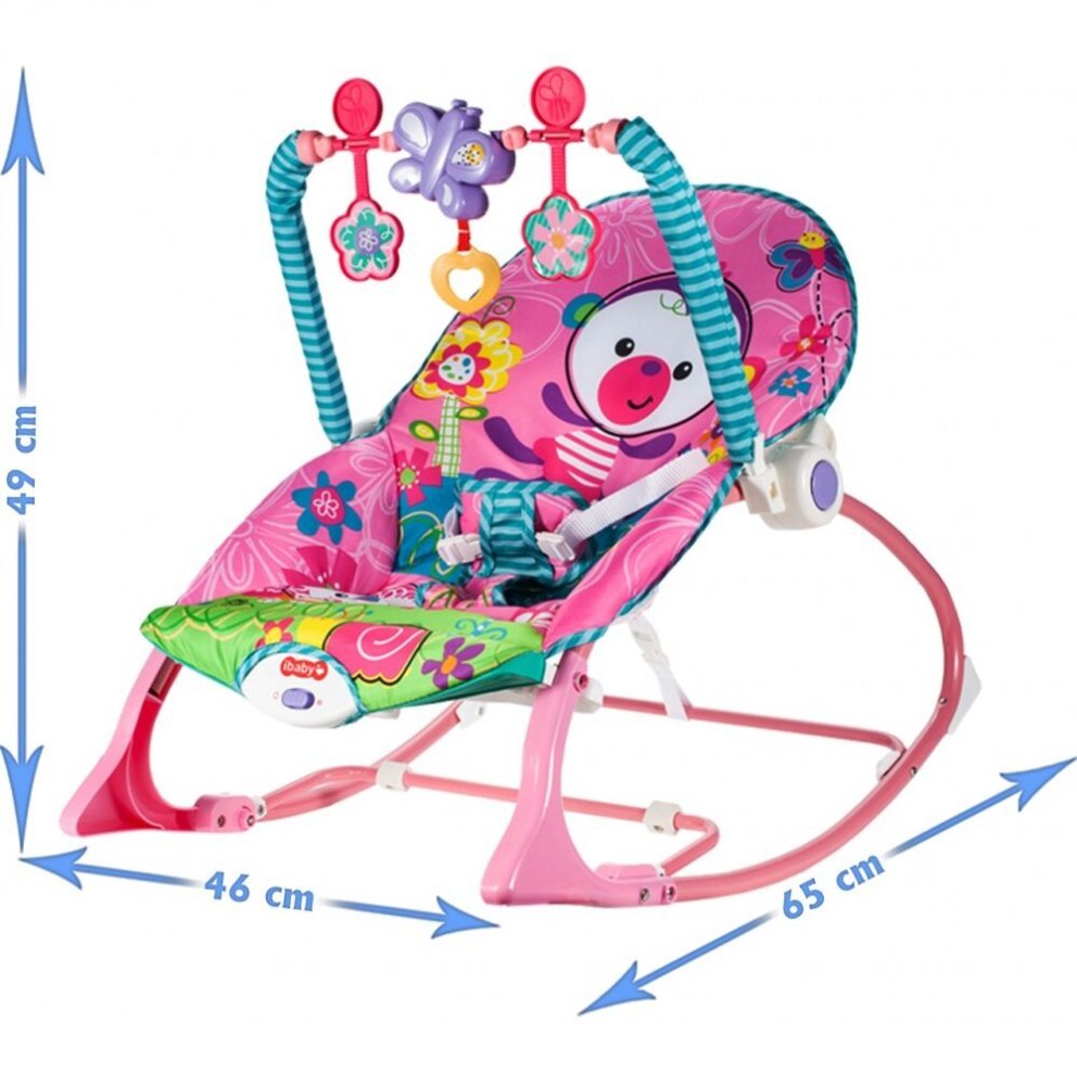 MalPlay Balansoar multifunctional pliabil cu vibratii spatar reglabil in 2 trepte si bara de jucarii detasabila Pink Monkey