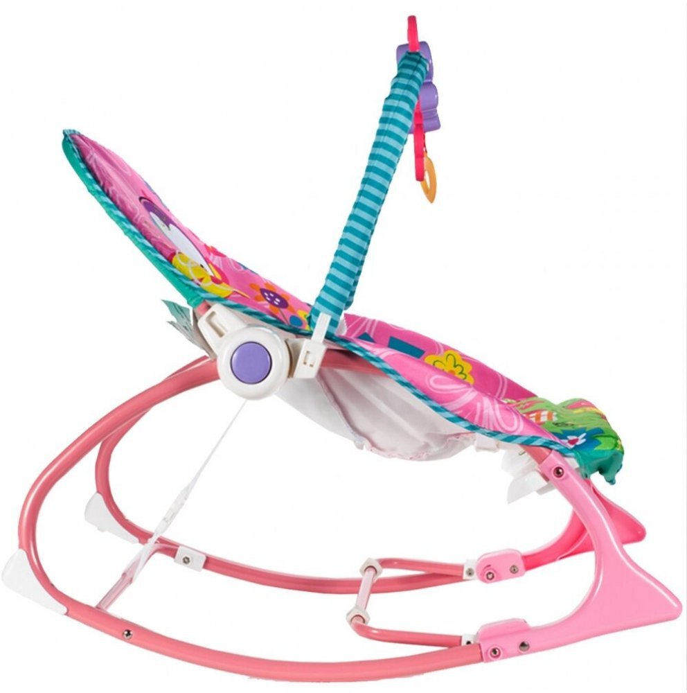 MalPlay Balansoar multifunctional pliabil cu vibratii spatar reglabil in 2 trepte si bara de jucarii detasabila Pink Monkey