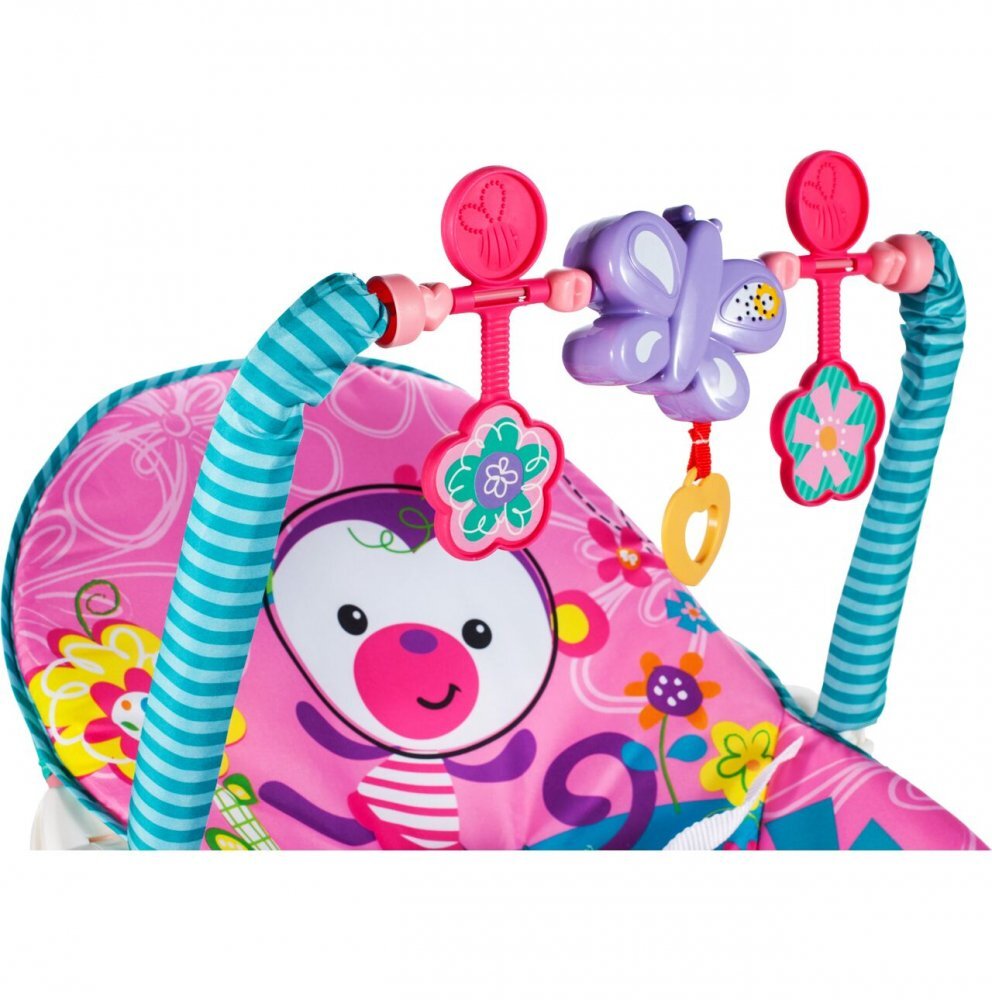 MalPlay Balansoar multifunctional pliabil cu vibratii spatar reglabil in 2 trepte si bara de jucarii detasabila Pink Monkey