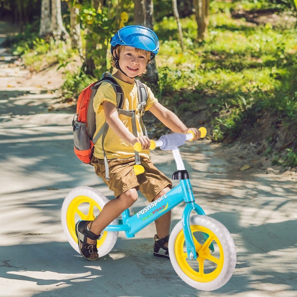 MalPlay Bicicleta copii fara pedale cu roti de 12 inch din spuma EVA cu scaun si ghidon reglabile in inaltime Push Sport GalbenAlbastru inaltime sezut 29-34 cm de la 3 ani inaltime recomandata 80-108 cm