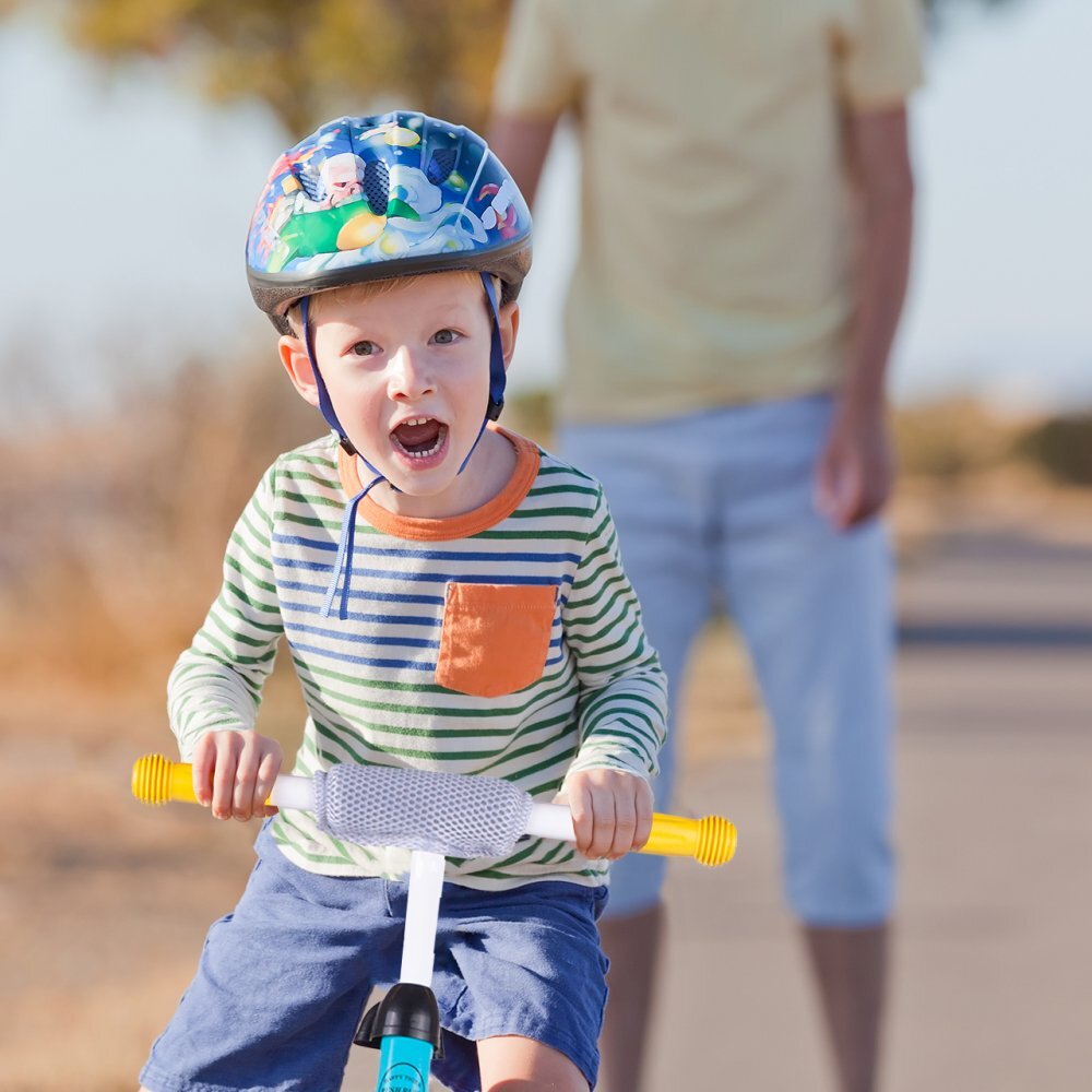 MalPlay Bicicleta copii fara pedale cu roti de 12 inch din spuma EVA cu scaun si ghidon reglabile in inaltime Push Sport GalbenAlbastru inaltime sezut 29-34 cm de la 3 ani inaltime recomandata 80-108 cm