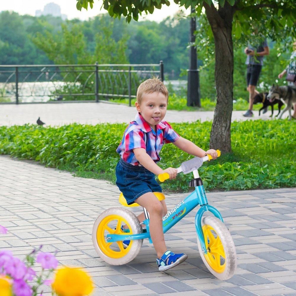 MalPlay Bicicleta copii fara pedale cu roti de 12 inch din spuma EVA cu scaun si ghidon reglabile in inaltime Push Sport GalbenAlbastru inaltime sezut 29-34 cm de la 3 ani inaltime recomandata 80-108 cm