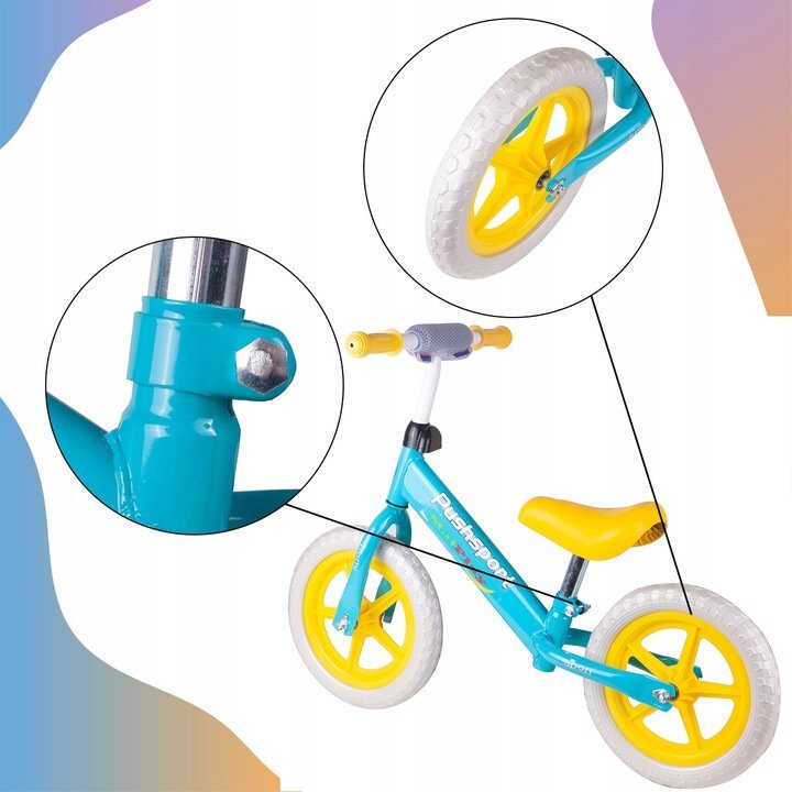 MalPlay Bicicleta copii fara pedale cu roti de 12 inch din spuma EVA cu scaun si ghidon reglabile in inaltime Push Sport GalbenAlbastru inaltime sezut 29-34 cm de la 3 ani inaltime recomandata 80-108 cm