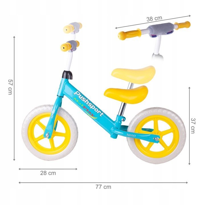 MalPlay Bicicleta copii fara pedale cu roti de 12 inch din spuma EVA cu scaun si ghidon reglabile in inaltime Push Sport GalbenAlbastru inaltime sezut 29-34 cm de la 3 ani inaltime recomandata 80-108 cm