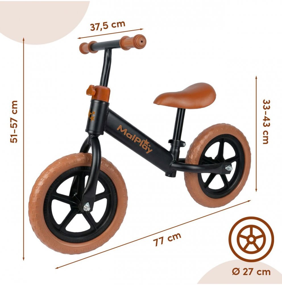 MalPlay Bicicleta de echilibru fara pedale cu Ghidonul si Saua ergonomica reglabile in inaltime roti de 12 inch din spuma EVA si manere anti-alunecare BlackBrown