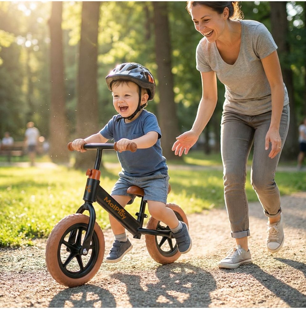 MalPlay Bicicleta de echilibru fara pedale cu Ghidonul si Saua ergonomica reglabile in inaltime roti de 12 inch din spuma EVA si manere anti-alunecare BlackBrown