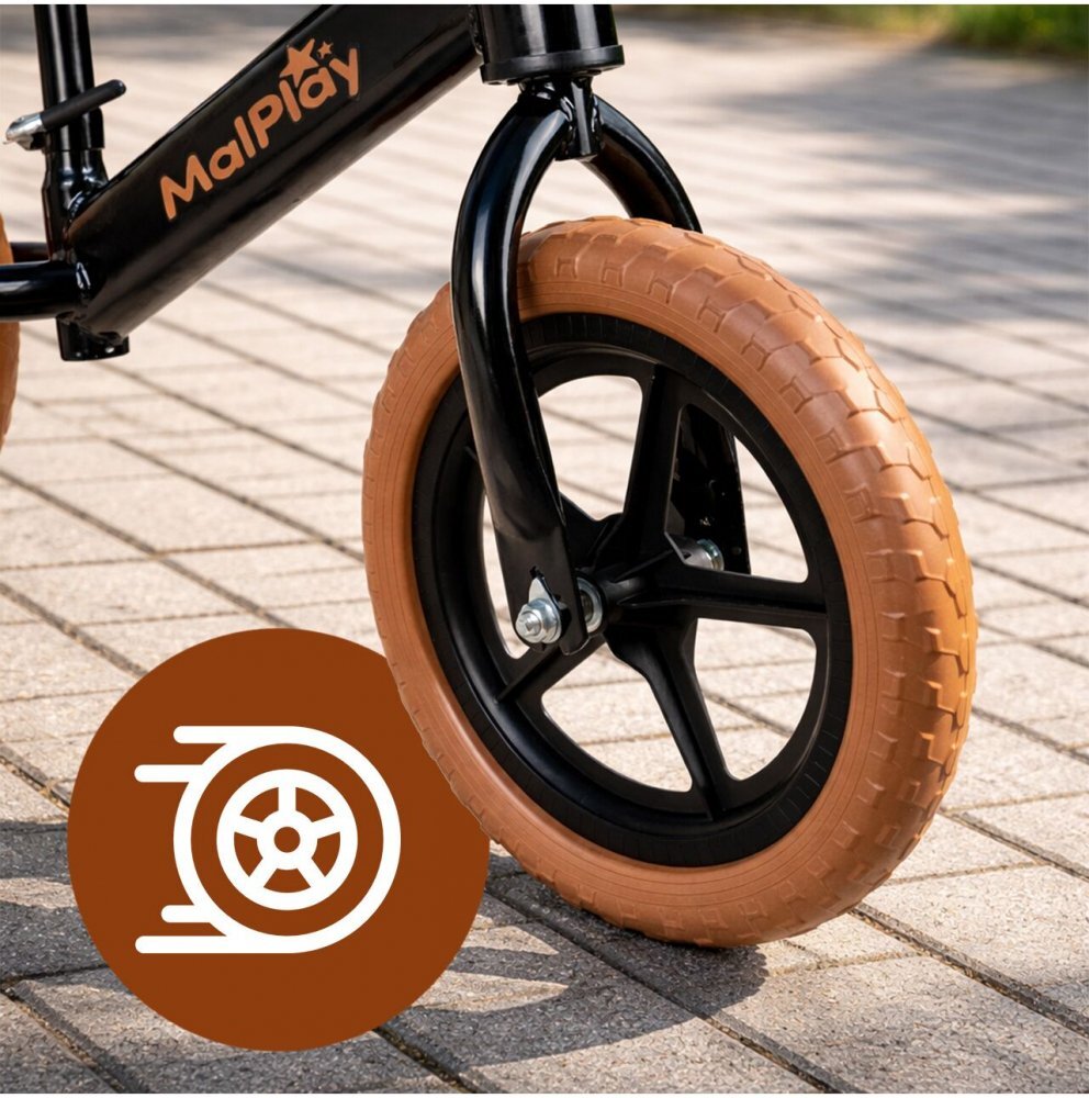 MalPlay Bicicleta de echilibru fara pedale cu Ghidonul si Saua ergonomica reglabile in inaltime roti de 12 inch din spuma EVA si manere anti-alunecare BlackBrown