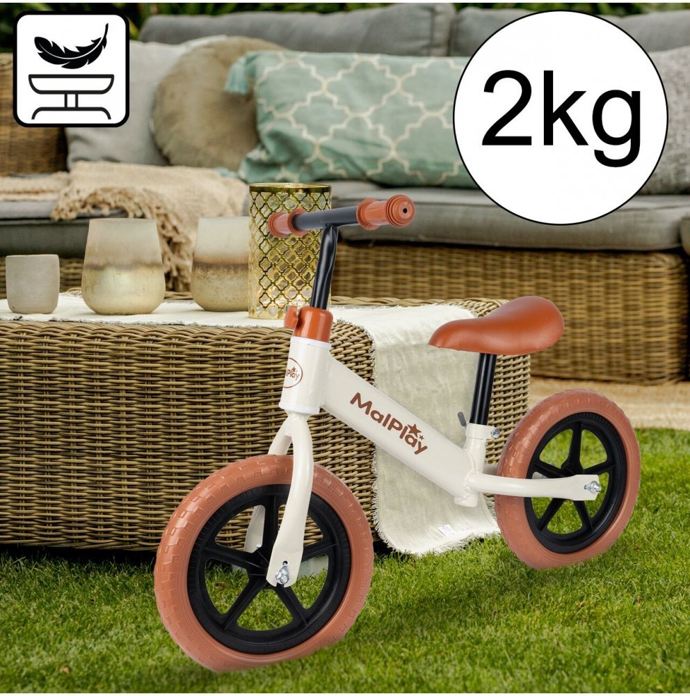MalPlay Bicicleta de echilibru fara pedale cu Ghidonul si Saua ergonomica reglabile in inaltime roti de 12 inch din spuma EVA si manere anti-alunecare WhiteBrown