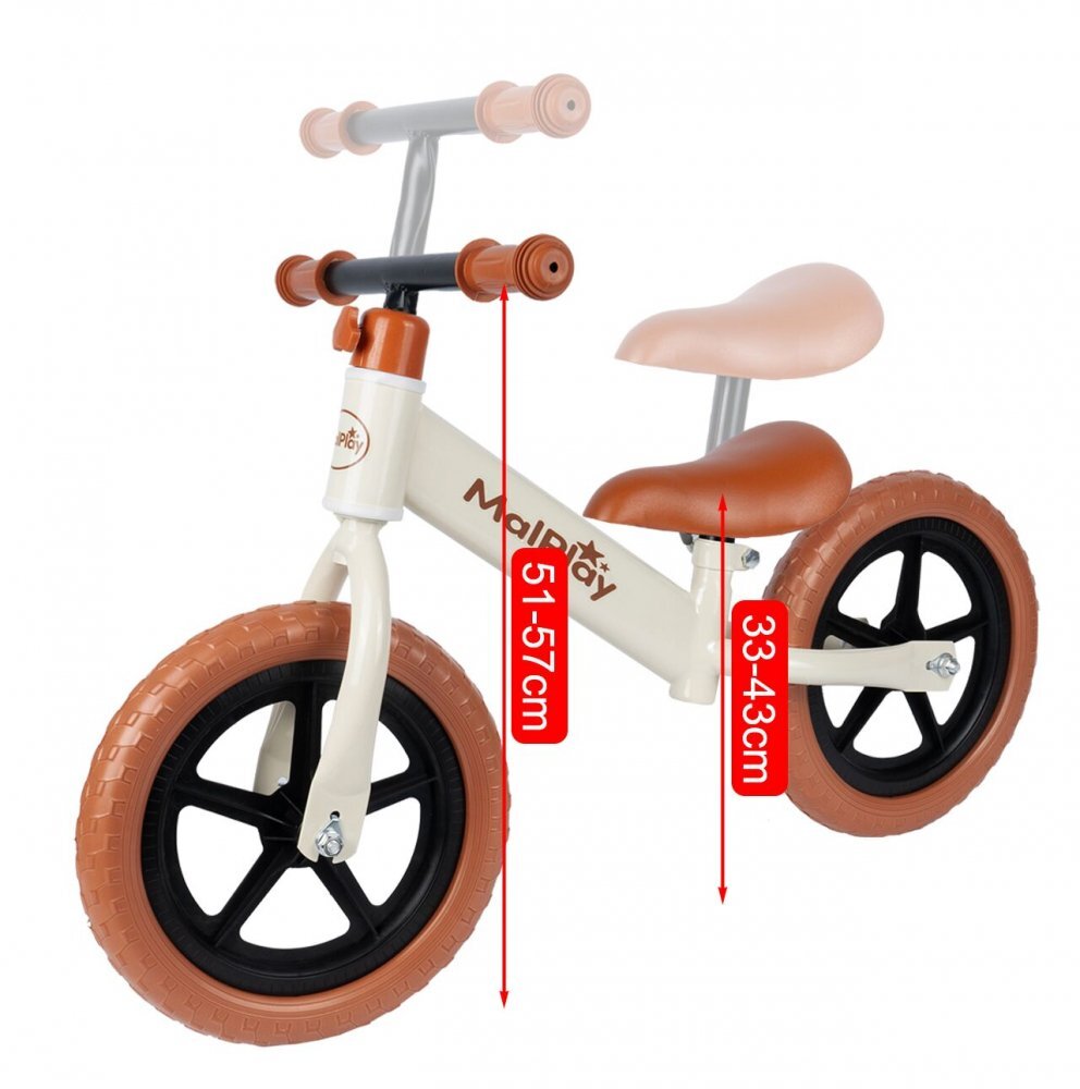 MalPlay Bicicleta de echilibru fara pedale cu Ghidonul si Saua ergonomica reglabile in inaltime roti de 12 inch din spuma EVA si manere anti-alunecare WhiteBrown