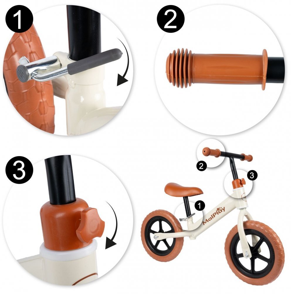 MalPlay Bicicleta de echilibru fara pedale cu Ghidonul si Saua ergonomica reglabile in inaltime roti de 12 inch din spuma EVA si manere anti-alunecare WhiteBrown