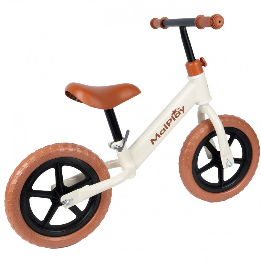 MalPlay Bicicleta de echilibru fara pedale cu Ghidonul si Saua ergonomica reglabile in inaltime roti de 12 inch din spuma EVA si manere anti-alunecare WhiteBrown