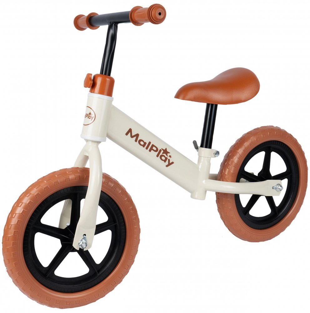MalPlay Bicicleta de echilibru fara pedale cu Ghidonul si Saua ergonomica reglabile in inaltime roti de 12 inch din spuma EVA si manere anti-alunecare WhiteBrown