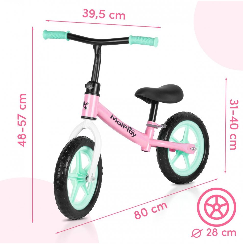 MalPlay Bicicleta de echilibru fara pedale pentru copii Fliki TurquoisePink 12 inch roti spuma EVA cu saua si ghidonul reglabile